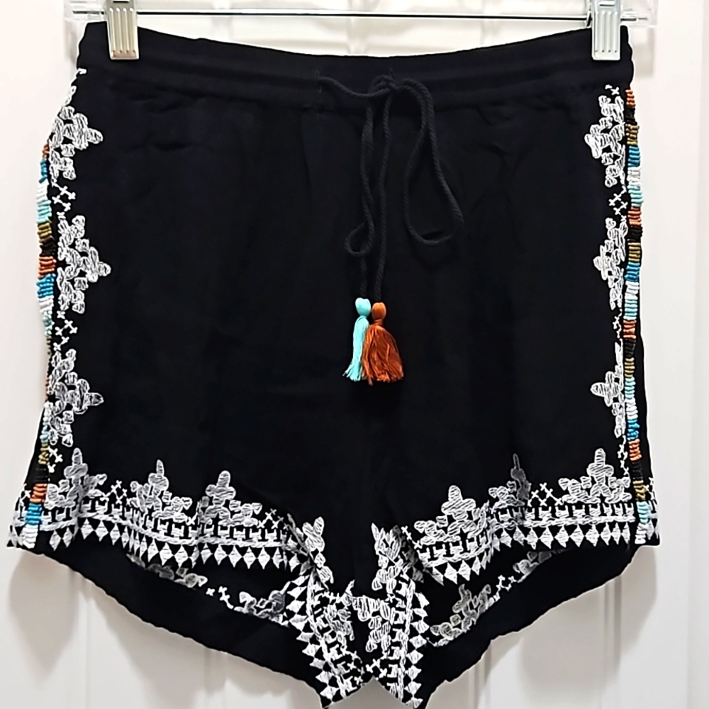 Raga Embroidered Beaded Boho Shorts with Tie Tassels
